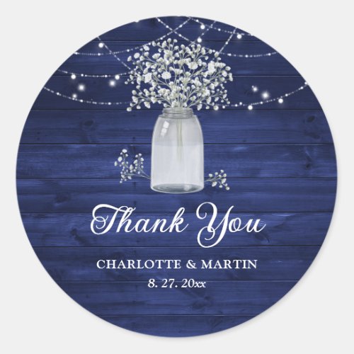 Navy Blue Rustic Wood Mason Jar Floral Thank You Classic Round Sticker