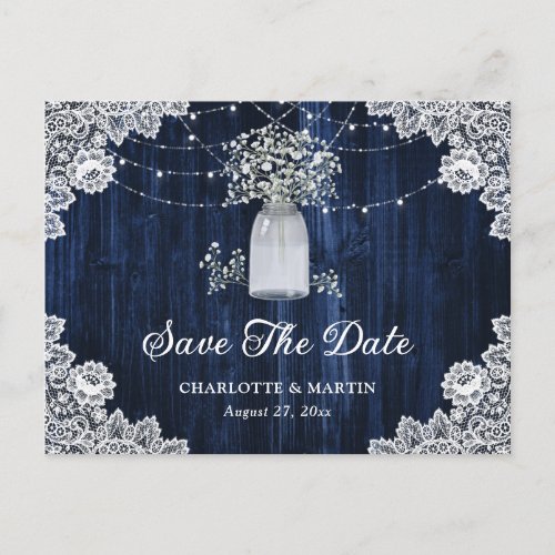 Navy Blue Rustic Wood Mason Jar Floral Wedding Announcement Postcard