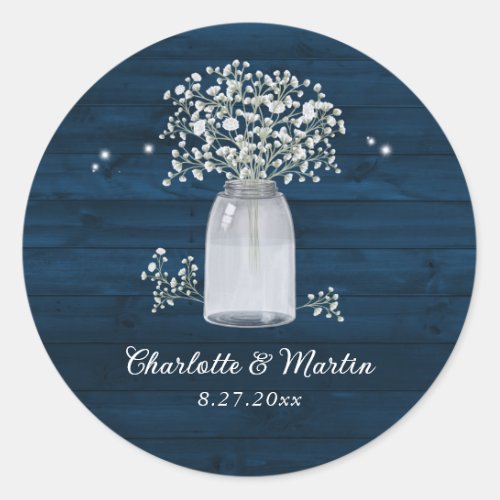 Navy Blue Rustic Wood Mason Jar Floral Wedding Classic Round Sticker