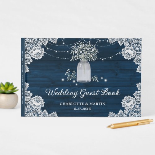 Navy Blue Rustic Wood Mason Jar Floral Wedding Guest Book