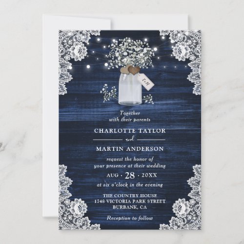 Navy Blue Rustic Wood Mason Jar Floral Wedding Invitation