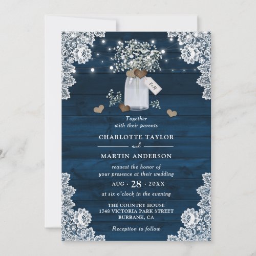 Navy Blue Rustic Wood Mason Jar Floral Wedding Invitation