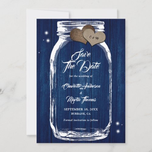 Navy Blue Rustic Wood Mason Jar Wedding Save The Date