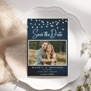 Navy Blue Rustic Wood Photo Lights Save the Date Invitation