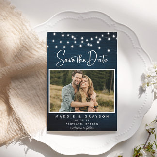 Navy Blue Rustic Wood Photo Lights Save the Date Invitation