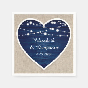 Navy Blue Rustic Wood String Lights Burlap Wedding Napkins