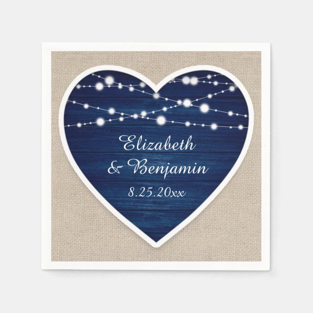 Navy Blue Rustic Wood String Lights Burlap Wedding Napkins (Front)