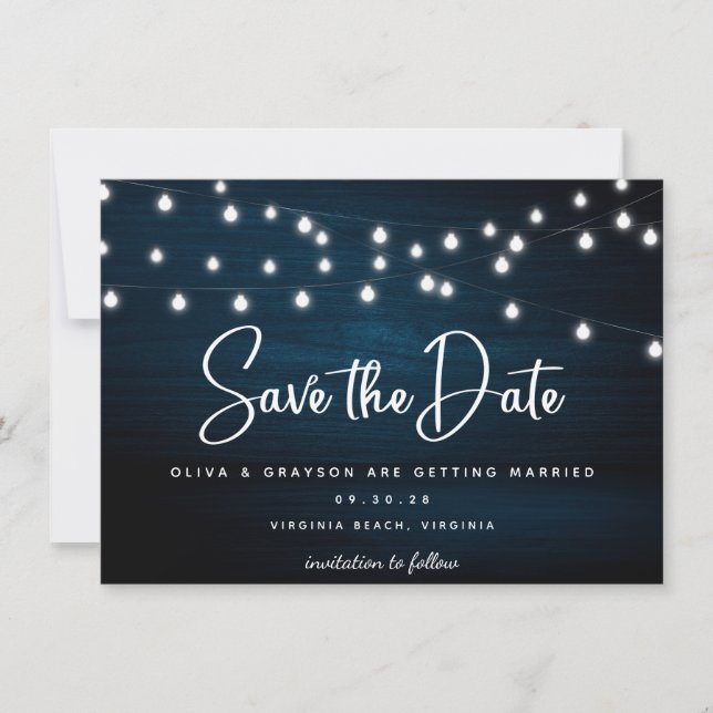 Navy Blue Rustic Wood String Lights Photo  Save The Date (Front)