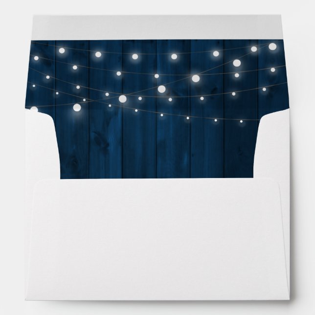 Navy Blue Rustic Wood String Lights Return Address Envelope (Back (Bottom))