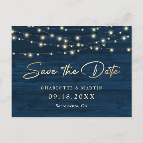 Navy Blue Rustic Wood String Lights Save The Date Announcement Postcard