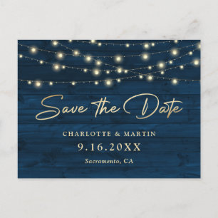 Navy Blue Rustic Wood String Lights Save The Date Announcement Postcard