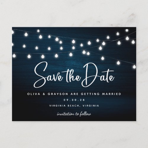 Navy Blue Rustic Wood String Lights Save The Date  Postcard
