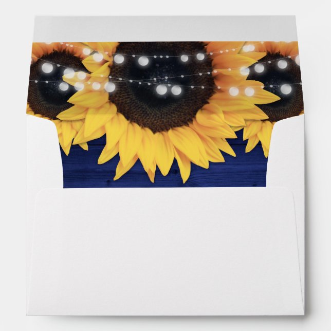 Navy Blue Rustic Wood String Lights Sunflowers Envelope (Back (Bottom))