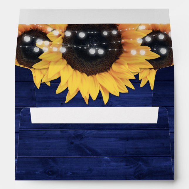 Navy Blue Rustic Wood String Lights Sunflowers Envelope (Back (Bottom))