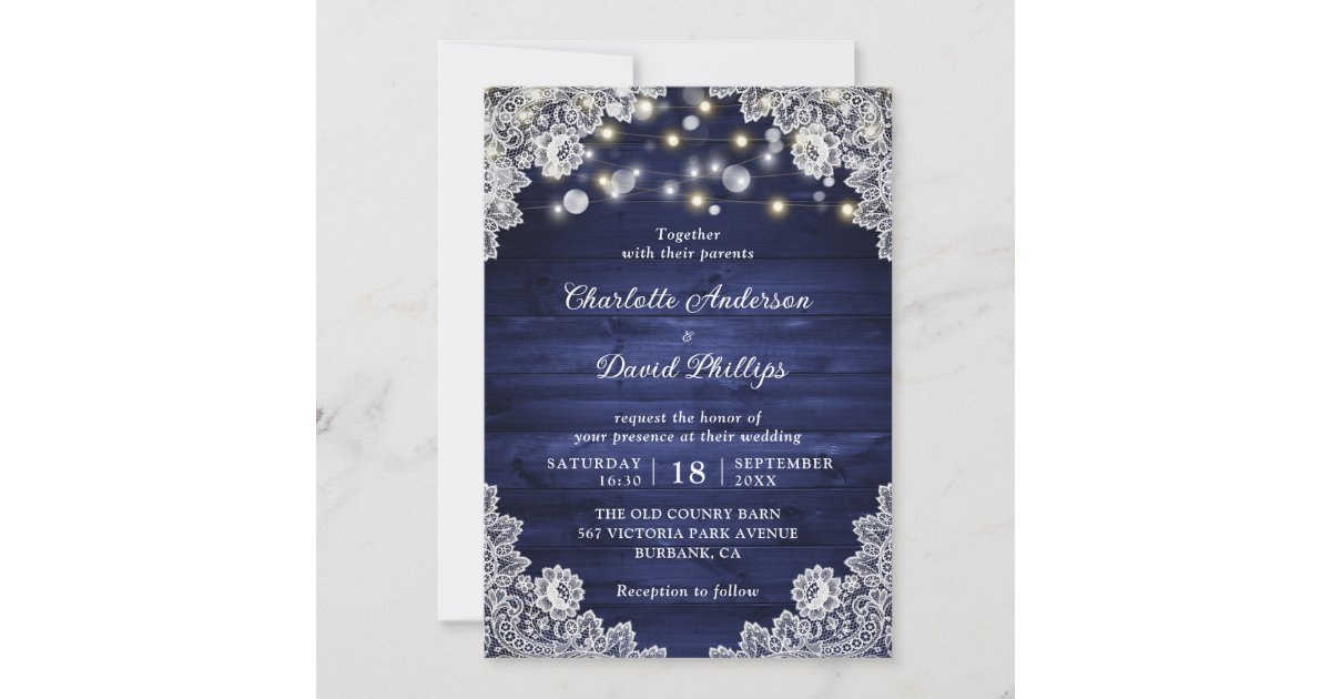 Navy Blue Rustic Wood String Lights Wedding Invitation | Zazzle