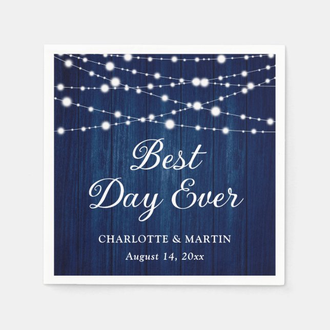 Navy Blue Rustic Wood String Lights Wedding Napkins (Front)