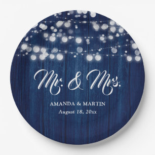 Navy Blue Rustic Wood String Lights Wedding Paper Plates