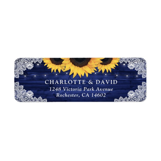 Navy Blue Rustic Wood Sunflower Return Address Label (Front)