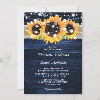 Navy Blue Rustic Wood Sunflower Wedding Invitation