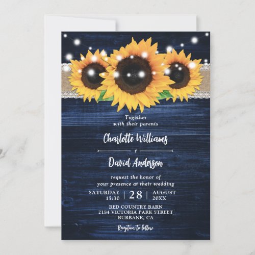Navy Blue Rustic Wood Sunflower Wedding Invitation