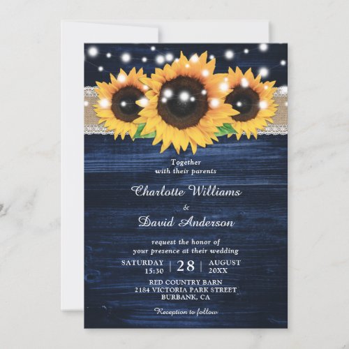 Navy Blue Rustic Wood Sunflower Wedding Invitation