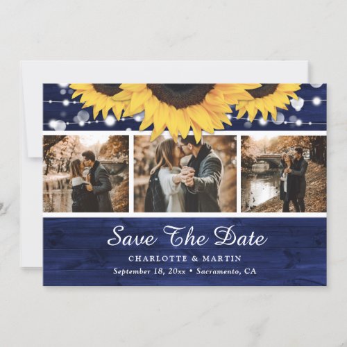 Navy Blue Rustic Wood Sunflower Wedding Photo Save The Date