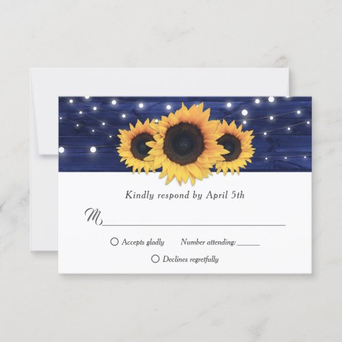 Navy Blue Rustic Wood Sunflower Wedding RSVP Cards