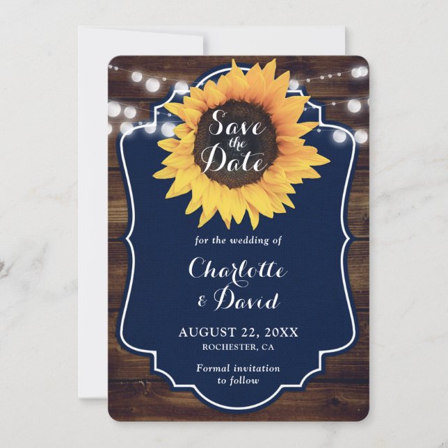 Navy Blue Rustic Wood Sunflower Wedding Save The Date (Front)
