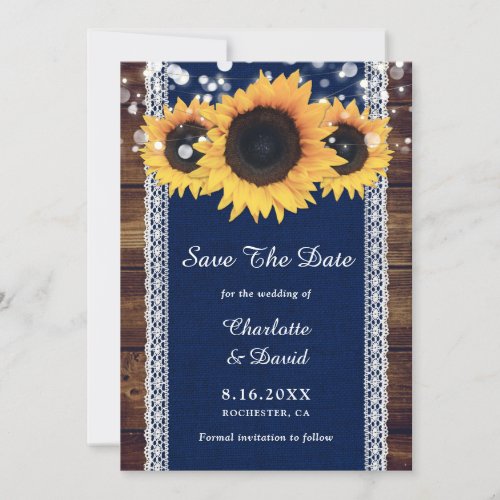 Navy Blue Rustic Wood Sunflower Wedding Save The Date