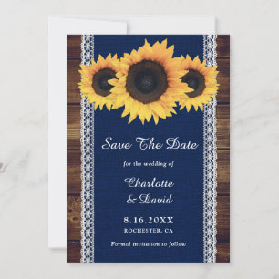 Navy Blue Rustic Wood Sunflower Wedding Save The Date