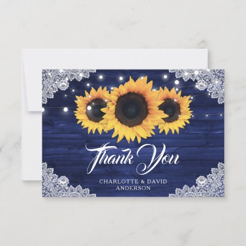 Navy Blue Rustic Wood Sunflower Wedding Thank You Card