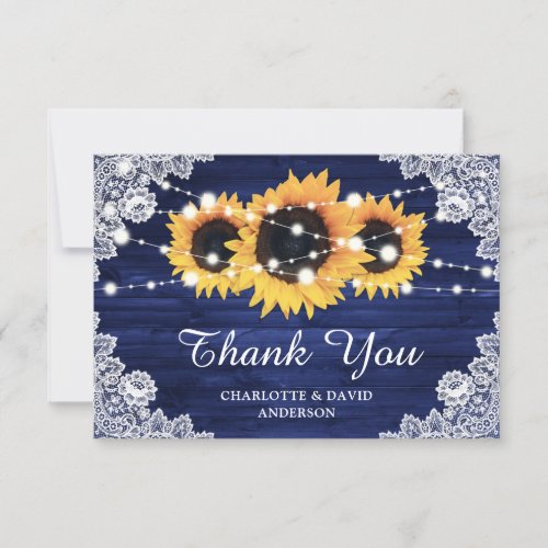 Navy Blue Rustic Wood Sunflower Wedding Thank You Card