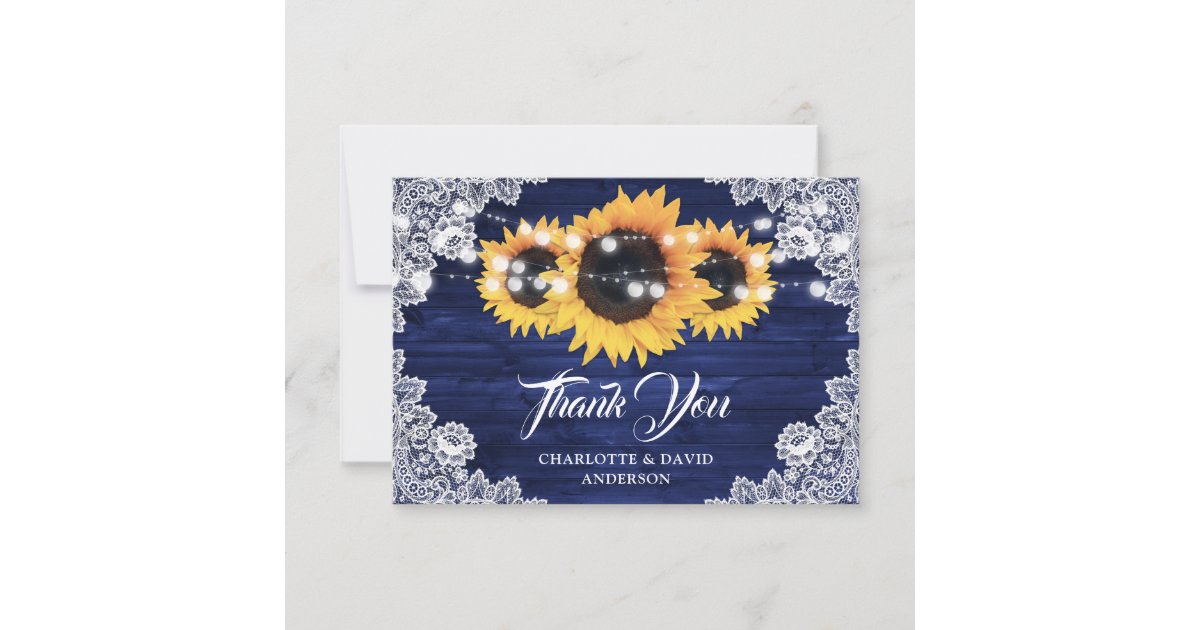 Navy Blue Rustic Wood Sunflower Wedding Thank You Card | Zazzle