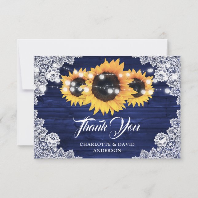 Navy Blue Rustic Wood Sunflower Wedding Thank You Card (Front)