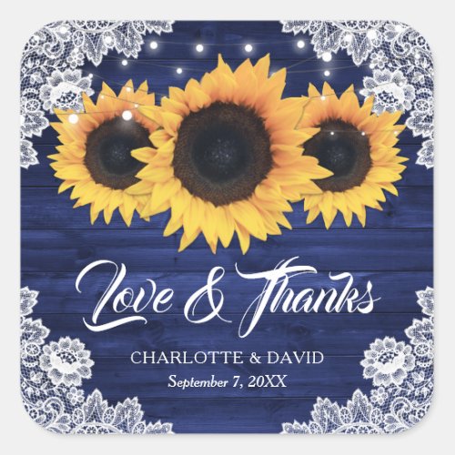 Navy Blue Rustic Wood Sunflower Wedding Thank You Square Sticker