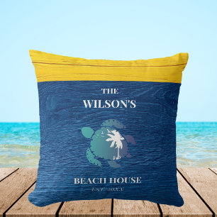 Navy Blue Rustic Wood Turtle Family Beach House Throw Pillow