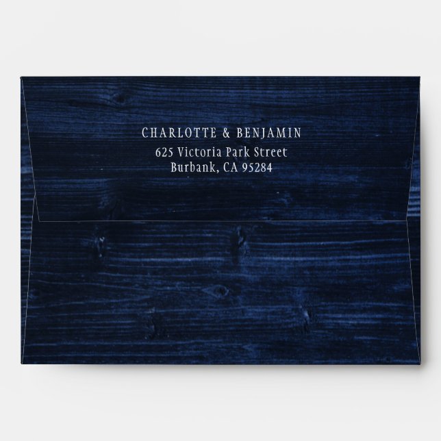 Navy Blue Rustic Wood Wedding Envelope (Back (Top Flap))