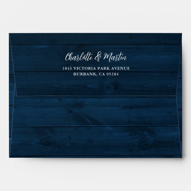 Navy Blue Rustic Wood Wedding Envelope (Back (Top Flap))