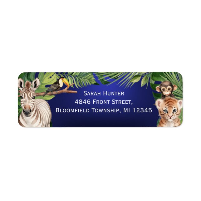 Navy Blue Safari animals 1st birthday return addre Label (Front)