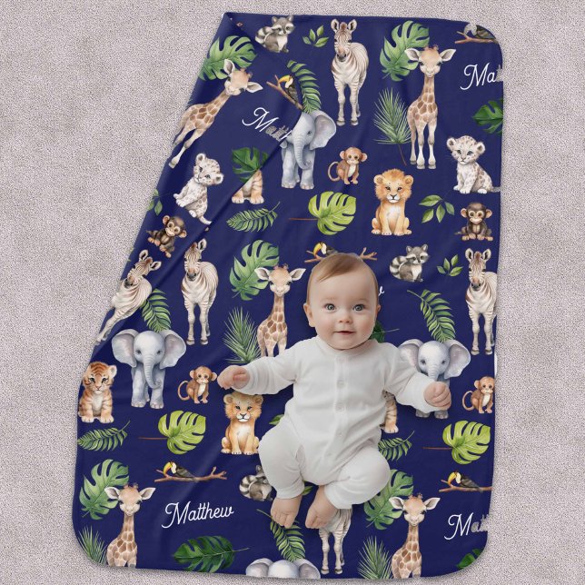 Navy Blue Safari Animals Personalized Baby Name Blanket (Creator Uploaded)
