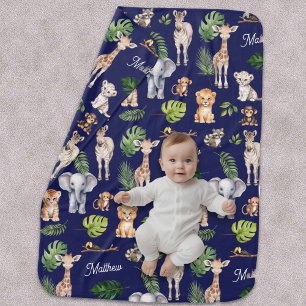 Navy Blue Safari Animals Personalized Baby Name Blanket
