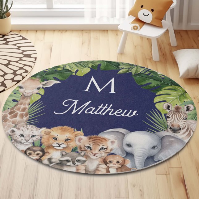 Navy Blue Safari Animals Personalized name nursery Rug (Creator Uploaded)
