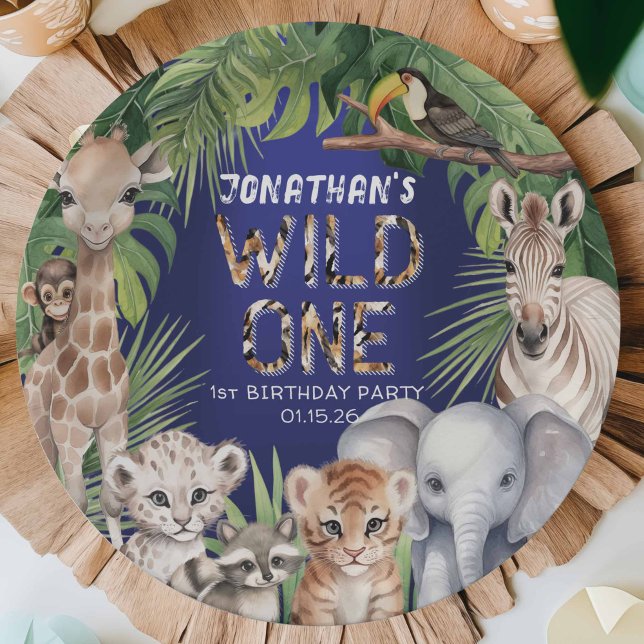 Navy blue safari themed wild one 1st birthday paper plates (WIld one, boy 1st birthday paper plates, Navy blue safari jungle animals themed birthday celebration)