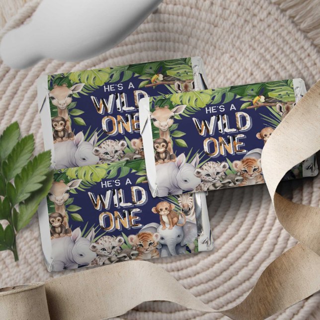 Navy Blue Safari Themed Wild One Boy 1st Birthday Hershey's Miniatures (Navy Blue, Hes a Wild One, Safari jungle themed boy 1st birthday chocolate favors.)