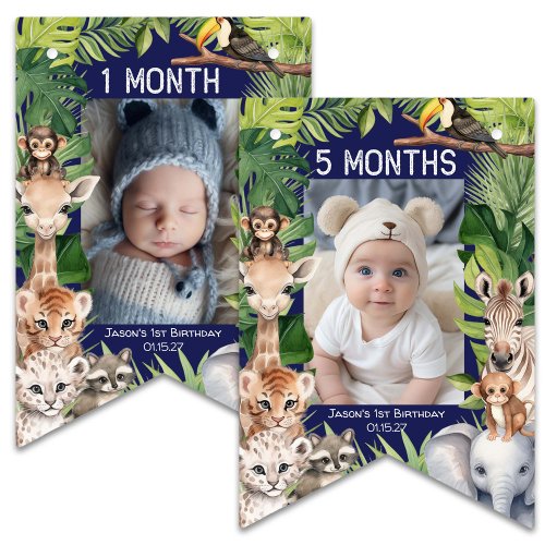 Navy Blue Safari Wild One 1st Birthday Monthly Pho Bunting Flags