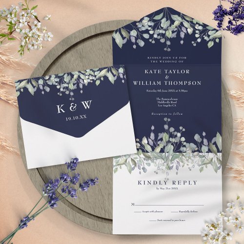 Navy Blue Sage And Lilac Floral Monogram Wedding All In One Invitation