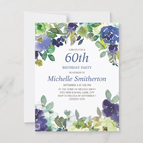 Navy Blue Sage Green Floral 60th Birthday Party Card