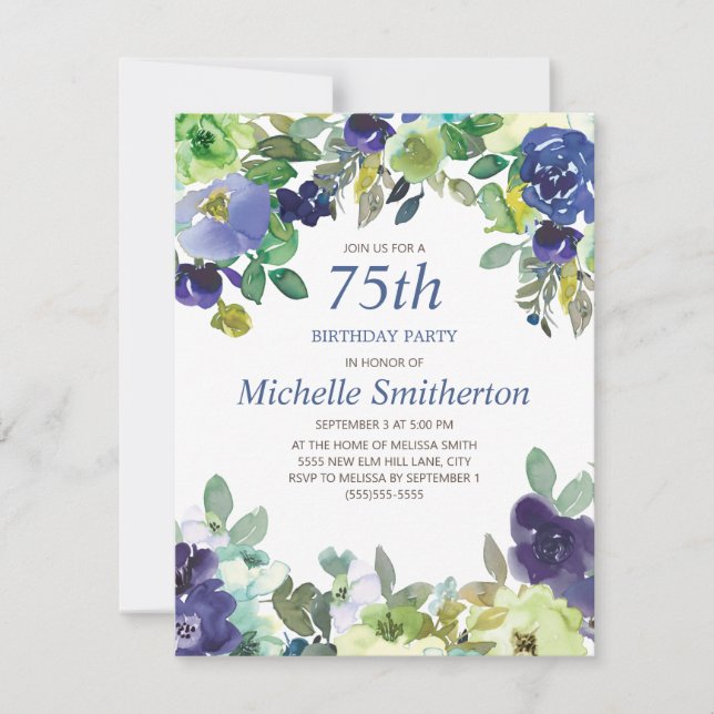 Navy Blue Sage Green Floral 75th Birthday Party Card (Front)