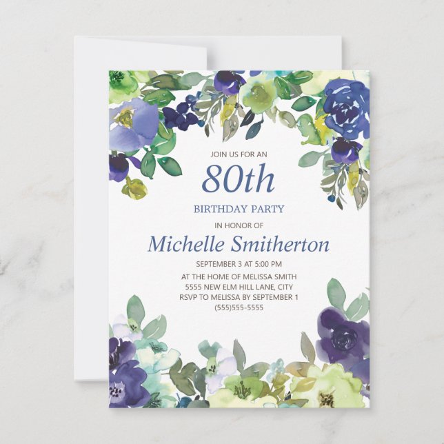 Navy Blue Sage Green Floral 80th Birthday Party Card (Front)
