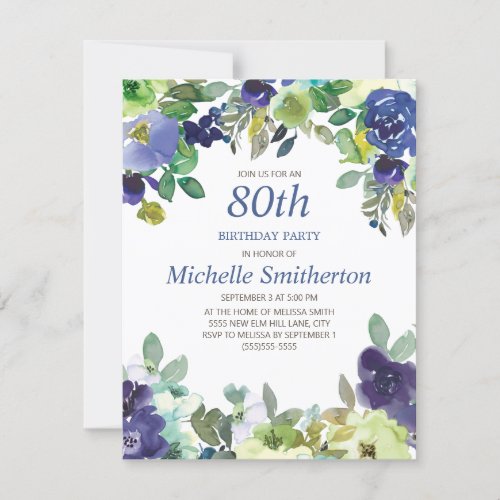 Navy Blue Sage Green Floral 80th Birthday Party Card